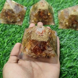 Orgone Pyramid Citrine Chips With Clear Quartz Point Rounded with Copper Wire 70-75mm.