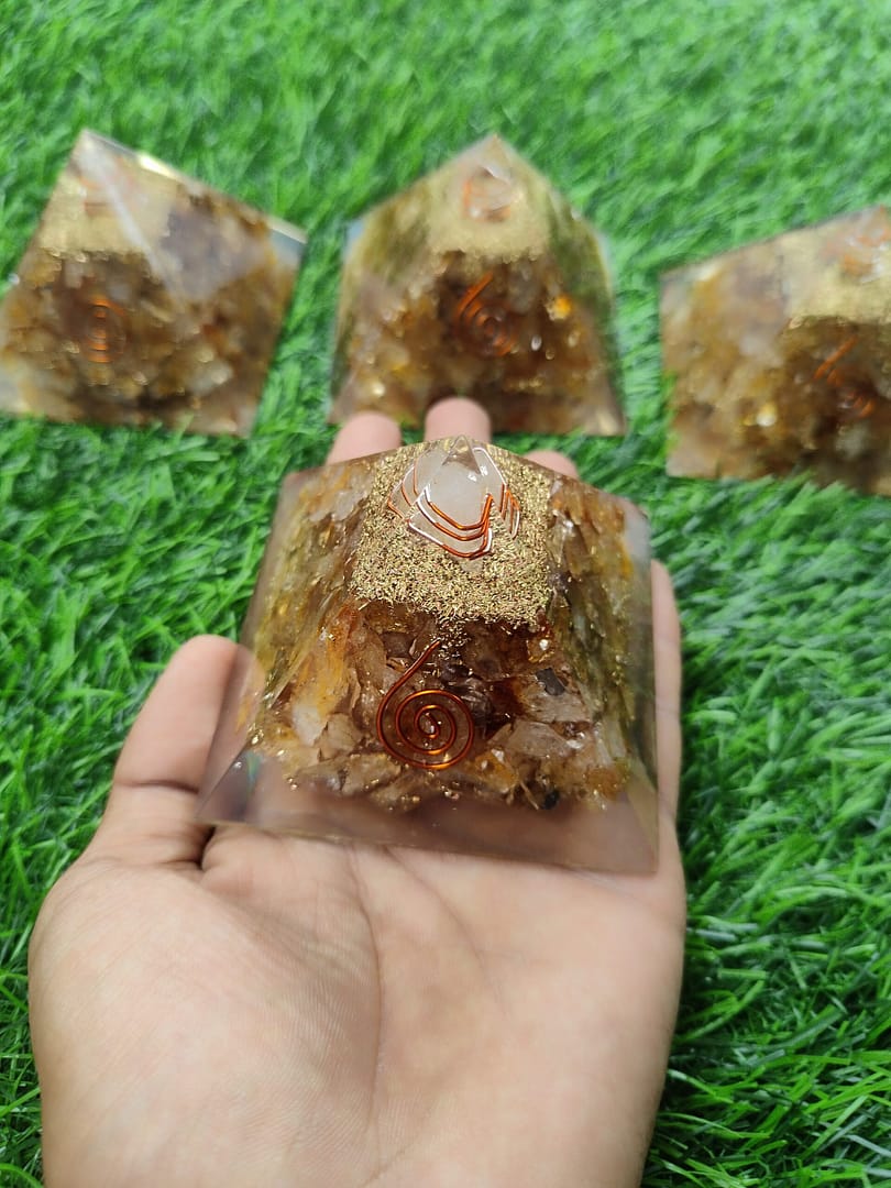 Orgone Pyramid Citrine Chips With Clear Quartz Point Rounded with Copper Wire 70-75mm.