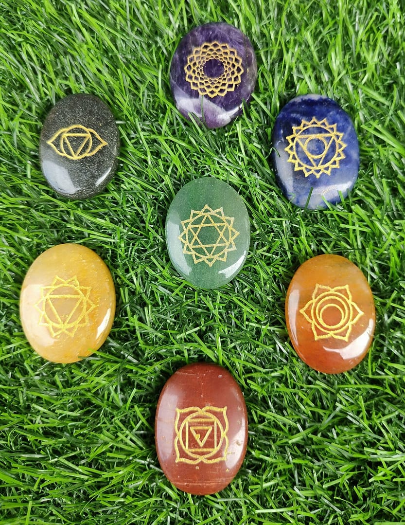 Seven Chakra Reki Set. Oval Engraved Symbols.